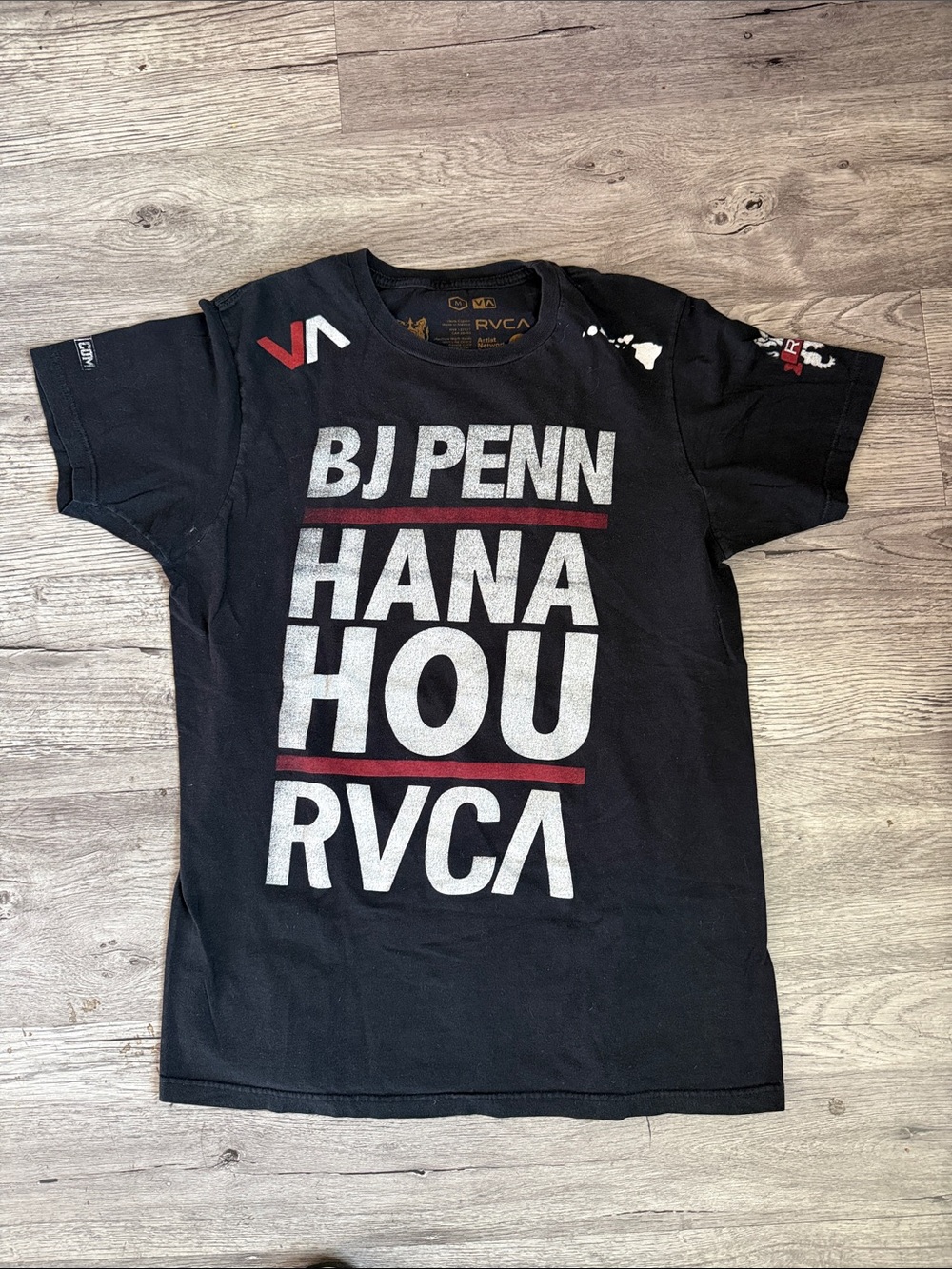 RVCA Black Tee with White Text and Red Accents